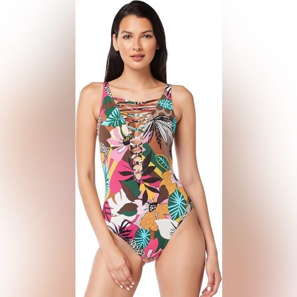 Bleu by Rod Beattie Run Wild Lace Down One Piece Tropical Floral Print Size 8 - Picture 1 of 10